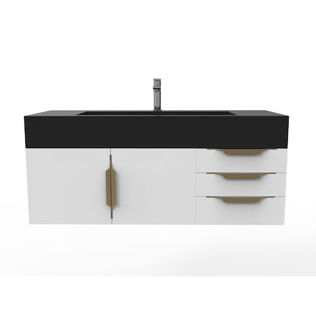 Castello Usa Nile 48" Wall Mounted White Vanity With Black Top And Gold Handles CB-MC-48W-GLD-2053-BL
